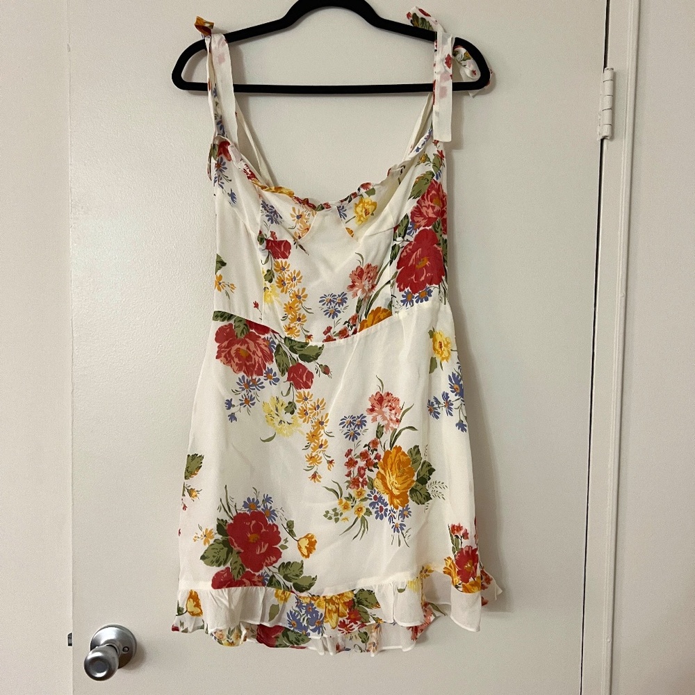 Reformation Mini Dress in White with Florals with Shoulder Ties